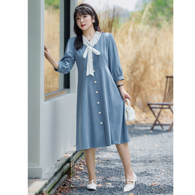 Short and thin MM large size dress 2024 autumn new French bow waist waist A -line anti -denim long skirt