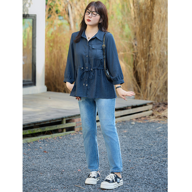 Large -size women's long -sleeved shirt autumn new polo collar seven -point sleeve waist thin and thin fat mm cardigan women's top
