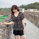 Large size fat sister top female 2023 summer new short -sleeved waist covering flesh, thin and lean mm broken flower chiffon shirt