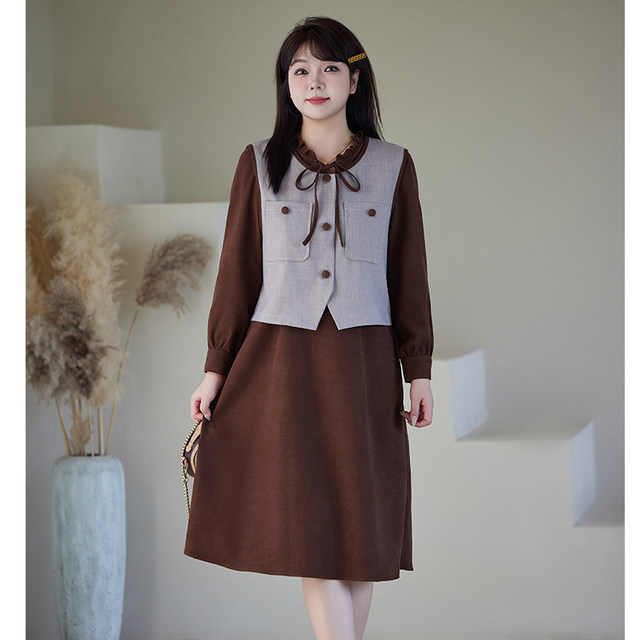 Qiyi large size two -piece dress new winter wooden ear ear collar, thin and thin MM grinding hair A -line long skirt
