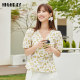 Highday Xuanri summer V-neck texture puff sleeve shirt women's fashionable slim printed short-sleeved top chic