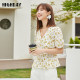 Highday Xuanri summer V-neck texture puff sleeve shirt women's fashionable slim printed short-sleeved top chic