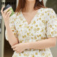 Highday Xuanri summer V-neck texture puff sleeve shirt women's fashionable slim printed short-sleeved top chic