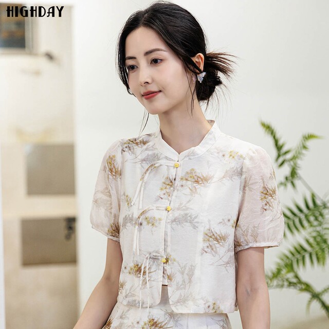 Highday Xuanri 2024 summer short-sleeved gentle top for women new Chinese elegant puff sleeve printed shirt ins