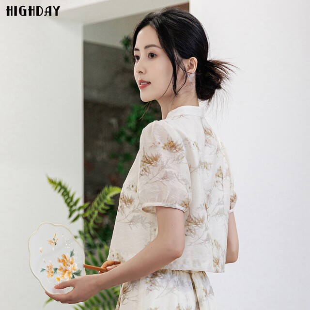 Highday Xuanri 2024 summer short-sleeved gentle top for women new Chinese elegant puff sleeve printed shirt ins
