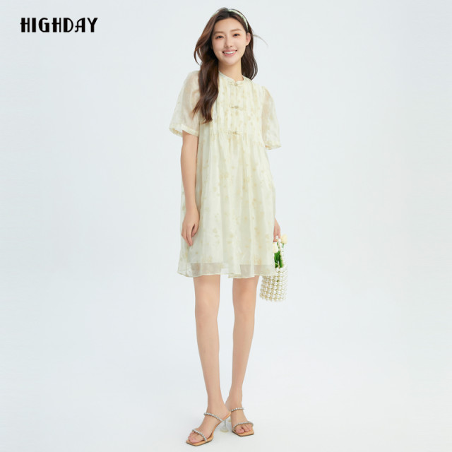 Highday Xuanri 2024 summer new round neck printed short-sleeved dress for women new Chinese doll skirt short skirt
