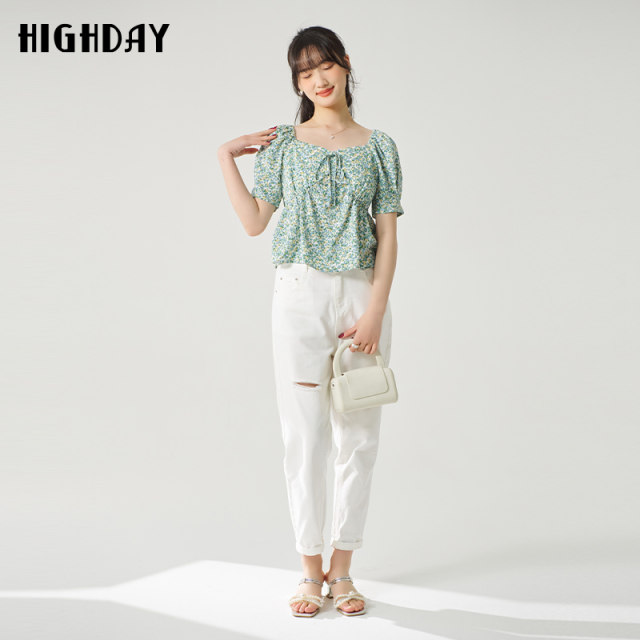Highday Xuanri 2024 summer new square collar bow tie top for women short-sleeved retro floral shirt