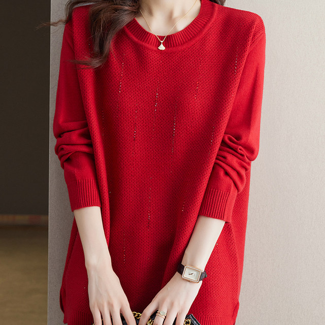 Middle-aged mother autumn and winter woolen sweater round neck sweater women's loose plus size plus size flesh-covering top knitted bottoming shirt