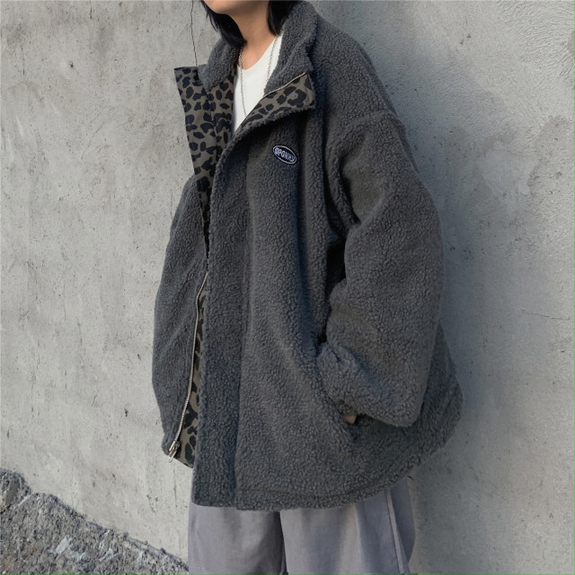 Wearing lambsarm leopard leopard cotton clothes on both sides, men and women in winter street tide brand loose couple retro Hong Kong bombing street jacket

