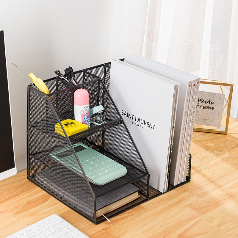 Portadocumenti Da Scrivania Delifox In Metallo A 5 Scomparti - Rete Nera, 28x19x28 Cm, Organizzatore Per Ufficio E Casa - Confezione Da 2