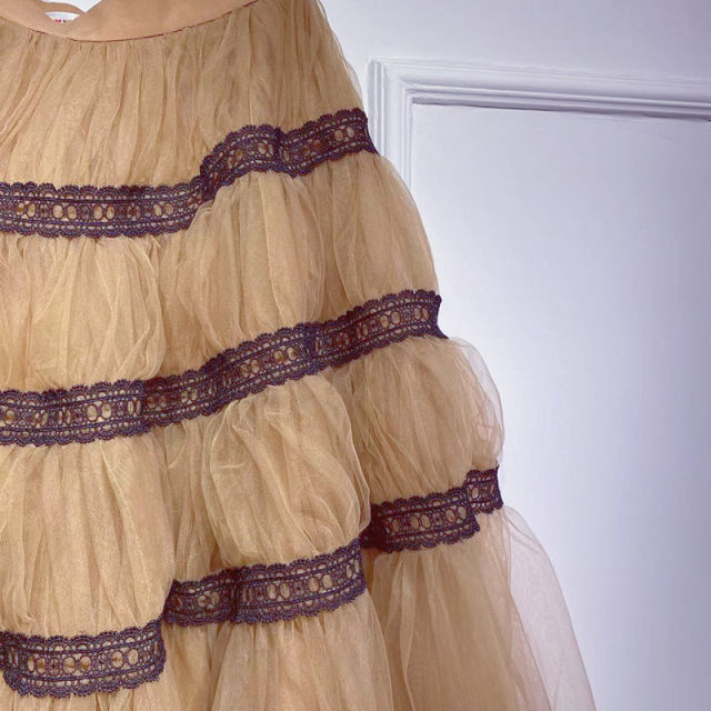 Spring and summer new princess fluffy skirt lace stitching mesh cake skirt mid -length A -line skirt cute fairy