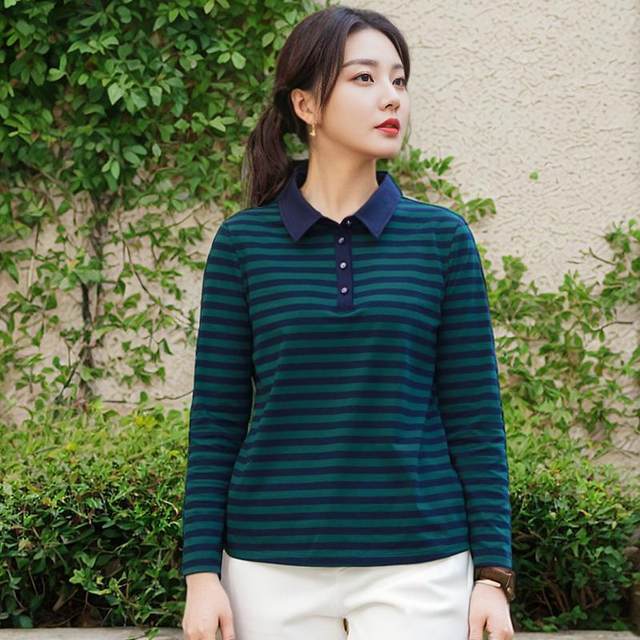 Kwai brand 2025 spring new product lapel striped casual bottoming long-sleeved T-shirt cotton sweater for middle-aged and elderly people