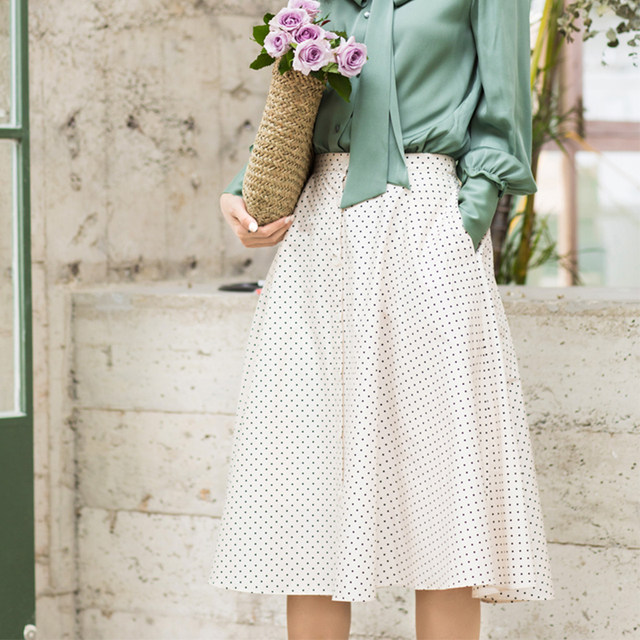 New summer Japanese sweet polka dot skirt A-line pocket versatile high waist mid-length umbrella skirt women's skirt
