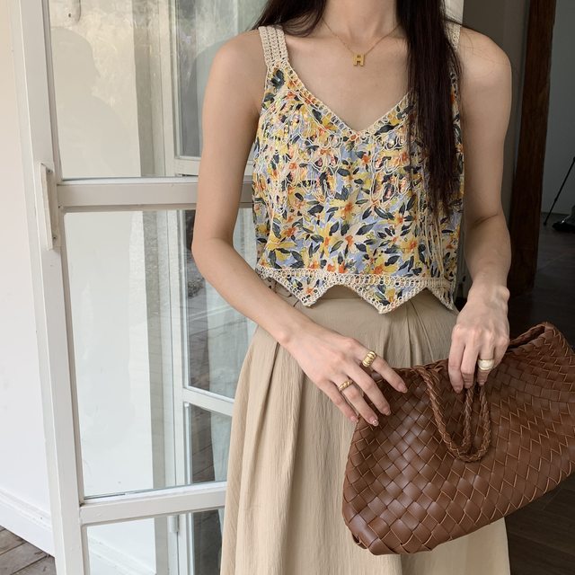 Pink floral suspender vest for women in summer sleeveless dopamine bohemian ethnic short loose top