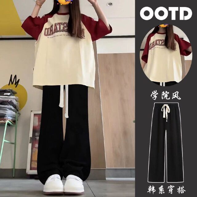 Summer suit female student sweet rag-shoulder loose short-sleeved T ...