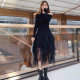 
New mesh skirt for women in autumn and winter, spring and autumn, mid-length irregular high-waisted bottoming, black half-body long skirt