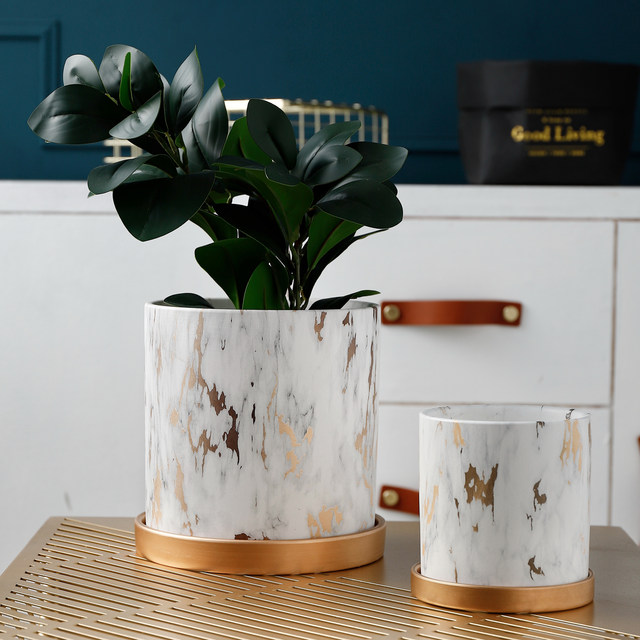 ins ceramic marble pattern with gold art flowerpot modern simple succulent Phalaenopsis tulip Nordic style