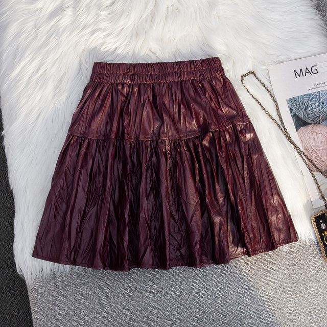 Hot Girl Wind Bow Retro Pu Pippen Skirt Female Autumn New high -waisted pleated folds A -line skirt