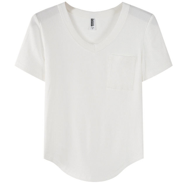 White V -neck Simplicity and Ordinary Casual Short Sleeve T -shirt Female Summer 2023 New Pocket Niche Slim Slim Pure White top
