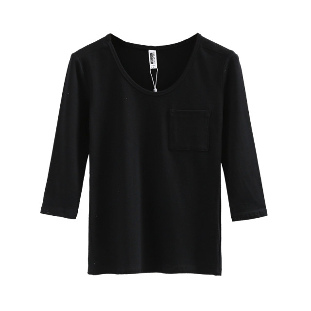 Spring and autumn new Korean version of the round collar slim mid -sleeved pocket decoration seven -point sleeve pure white pure color simplicity T -shirt
