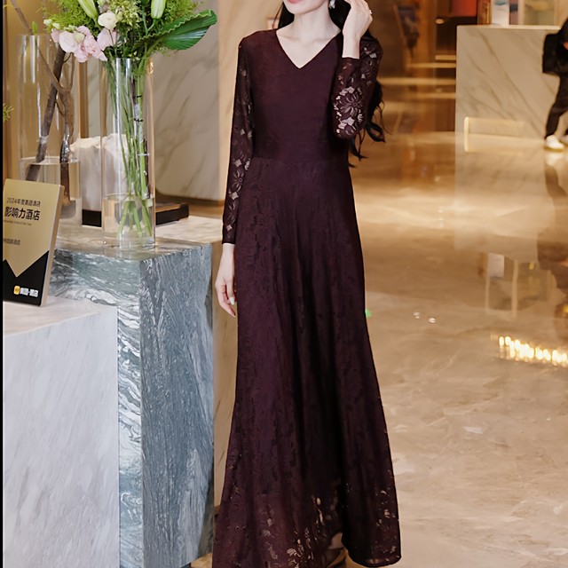 Autumn Winter New Gentle Waist Slimming Inner Wear Over-the-Knee Long Skirt Lace Edge Floral Knitted Dress for Women