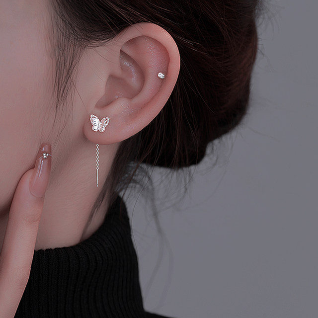 Miss Z 999 silver butterfly ear wire temperament niche design high-end ear piercing square round face earrings 2025 new style