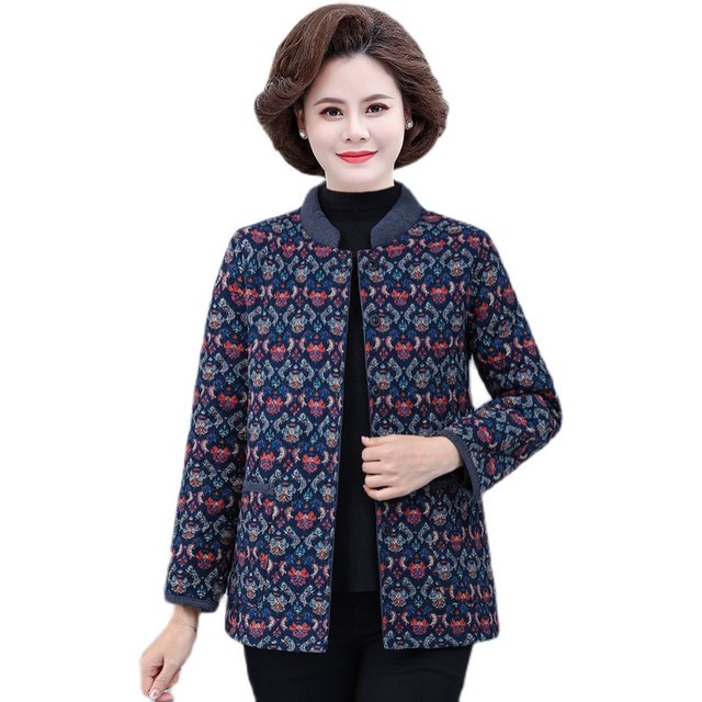 Mother's pure cotton quilted thickened cotton jacket with small stand-up collar, lightweight, middle-aged and elderly autumn and winter small flower cotton-padded jacket, loose inside and outside