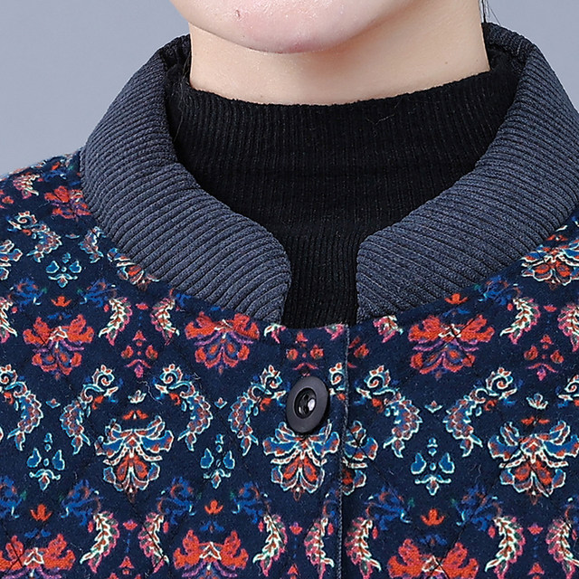 Mother's pure cotton quilted thickened cotton jacket with small stand-up collar, lightweight, middle-aged and elderly autumn and winter small flower cotton-padded jacket, loose inside and outside