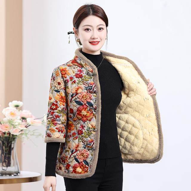 Middle-aged and elderly mothers autumn and winter new style medium-sleeved velvet thickened flower cotton coat women's short stand-up collar thickened half-sleeved vest
