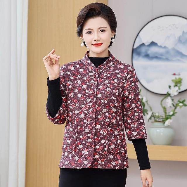Three-quarter sleeves plus velvet small cotton coat for middle-aged and elderly women autumn and winter new style stand-up collar warm and close-fitting cotton coat liner