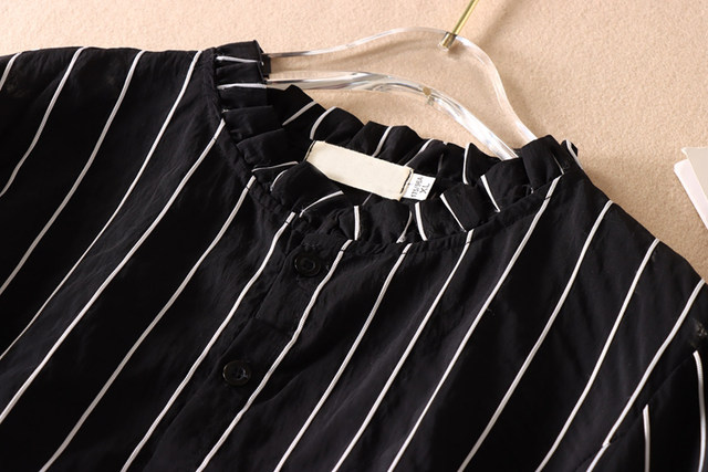 Spring wear Korean version commuting black vertical striped shirt for women lace collar mid-length pleated high waist top WC3044

