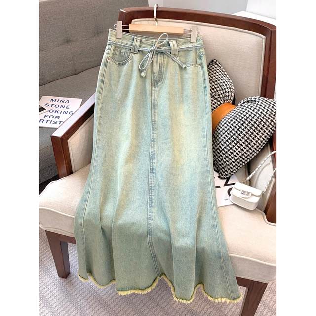 Hong Kong style retro summer old design niche fur edge fishtail skirt mid-length skirt denim skirt women

