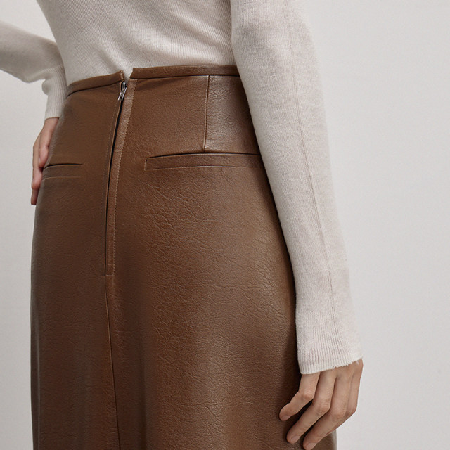 VIVIDINI autumn mid-waist versatile skirt makes slim PU leather