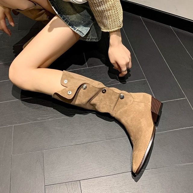 Maillard pointed toe pile boots for women's western cowboy boots 2025 autumn and winter new button high boots thick heel boots