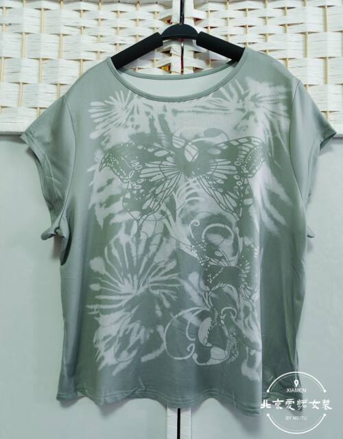 Summer women's large size light green round neck pullover short-sleeved butterfly printed T-shirt 1092
