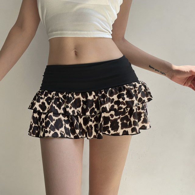 Rockmore brown leopard stitching cake skirt fashionable sexy low waist mini super short skirt