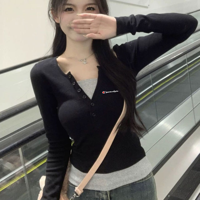 Champion Rainbow Contrast Color V-neck Fake Two-Piece Long Sleeve T-shirt Women's New Spring and Autumn Base Shirt Slim Slim Sweet Top