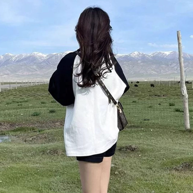Champion Rainbow Ragnarok round neck thin long-sleeved T-shirt for women's spring pure cotton sweatshirt loose pullover splicing top trendy