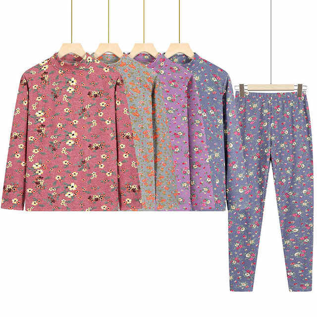 Middle-aged and elderly women's thermal underwear, grandma's autumn clothes and autumn trousers set, mother's floral home clothes, thickened pajamas, autumn and winter