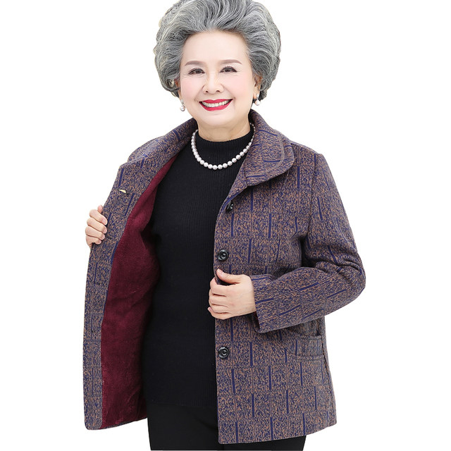 Middle -aged and elderly autumn and winter, woolen woolen coat, big size Mom pretend to be old people clothes plus velvet thickened grandma dressing warm cotton jacket
