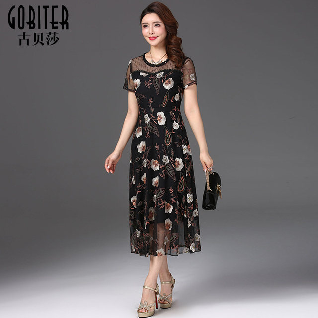 Gu Beisha summer handmade stitching fashion showing thin net gauze embroidery mother dress temperament dress long skirt
