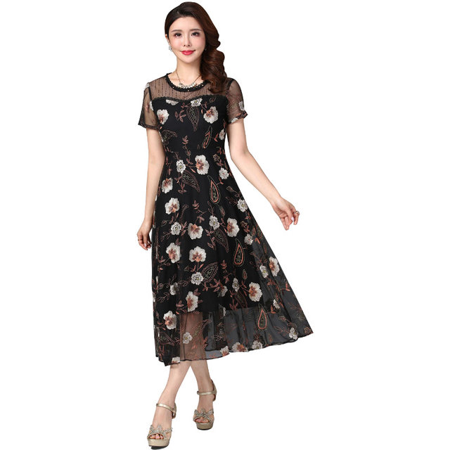Gu Beisha summer handmade stitching fashion showing thin net gauze embroidery mother dress temperament dress long skirt
