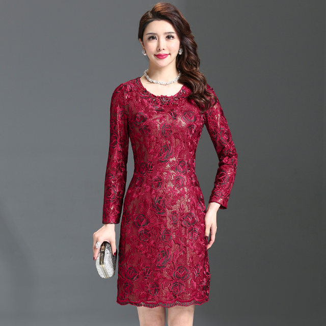 Gu Beisha Spring and Autumn Dress Women's New Red Lace 40-50 middle-aged middle-aged mother
