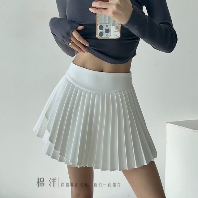 Cotton retro irregular length and short high waist pleated skirt, personalized girlish anti-exposure side zipper long-legged A-line skirt