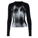 European and American INS fashion 3D printing, thin round neck long -sleeved top 2024 spring new hot girl slimming bottom T -shirt