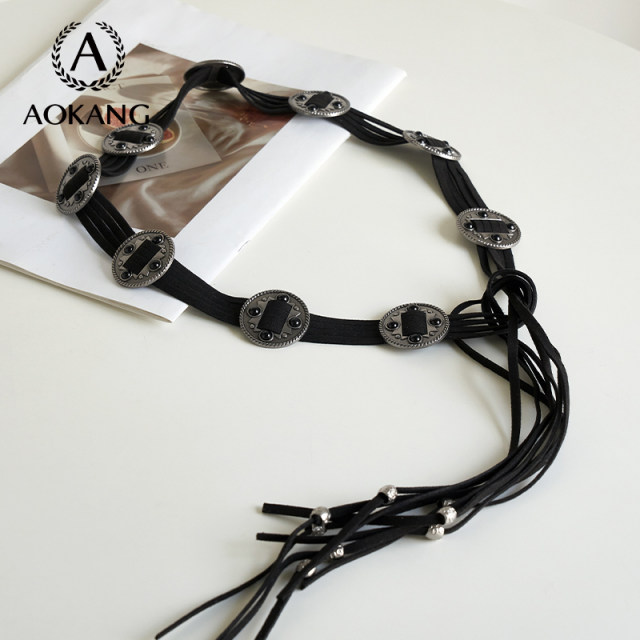 Aokang Belt Women's 2025 New Knitted Punch-free Cowhide Belt Ethnic Style Women's Waist Envelope Decoration with Skirt