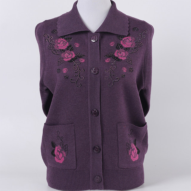 Elderly women's sweater women's 60 and 70 years old autumn and winter cardigan coat plus velvet lapel wool sweater top clothes