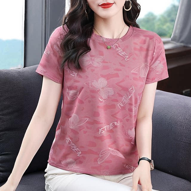 Fashionable pure cotton short-sleeved T-shirt for women in summer middle-aged and elderly women's loose T-shirt 2025 new versatile mother top