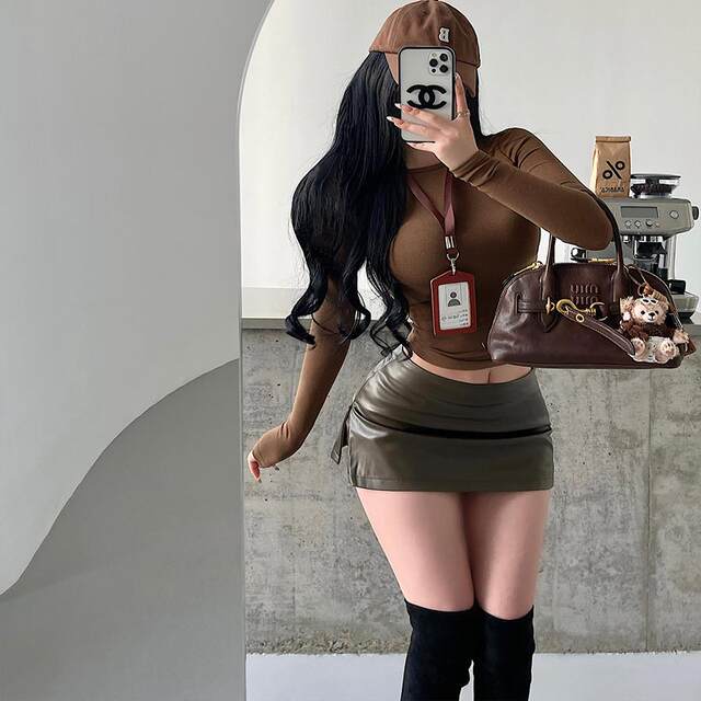 YoungGirlDay American hot girl sexy low waist zipper slit anti-exposure hip pu leather skirt short skirt
