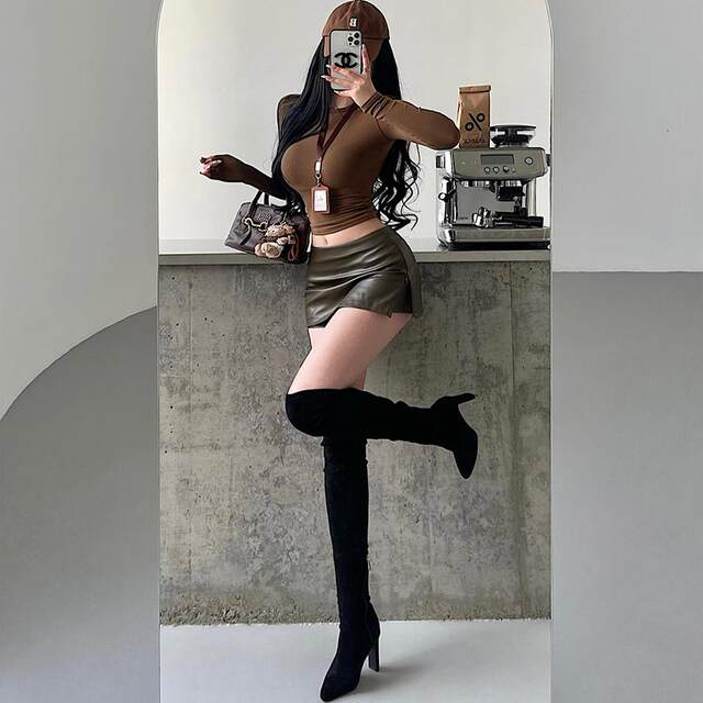 YoungGirlDay American hot girl sexy low waist zipper slit anti-exposure hip pu leather skirt short skirt